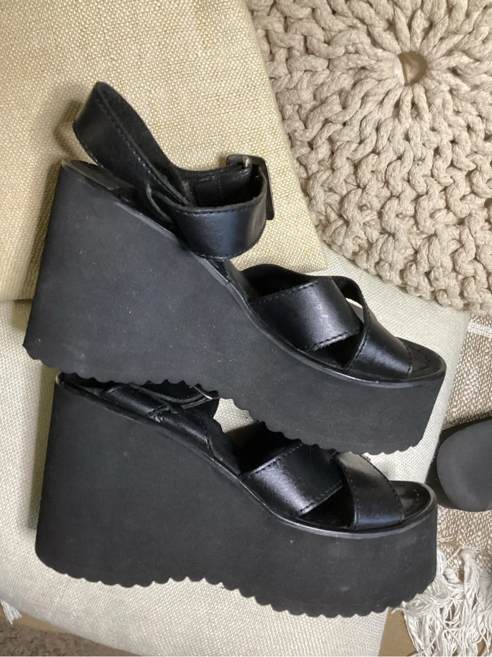 Black Platform Wedge Sandals with Buckle Strap
